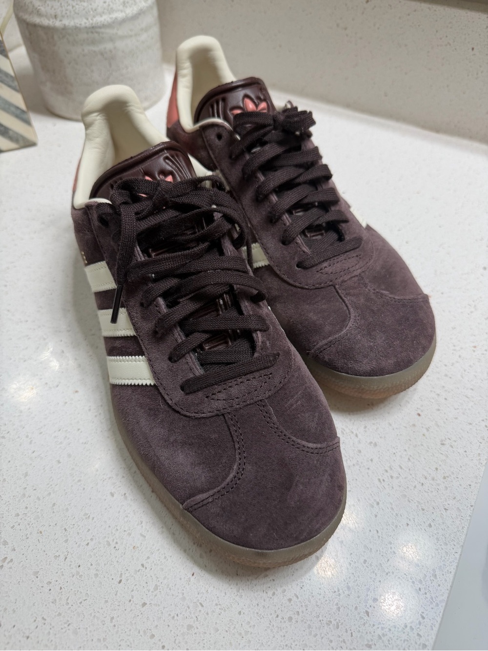 adidas Gazelle - Dark Brownish Plum, White Stripes, Pink Heel & Logo - Picture 2 of 8
